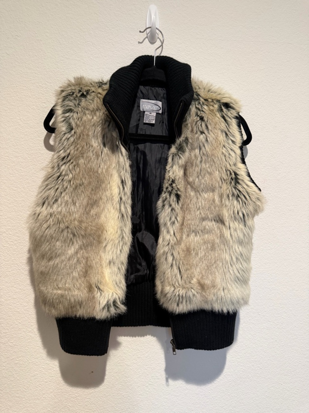 Rave Faux Fur Vest with Knit Trim - Neutral Beige and Black